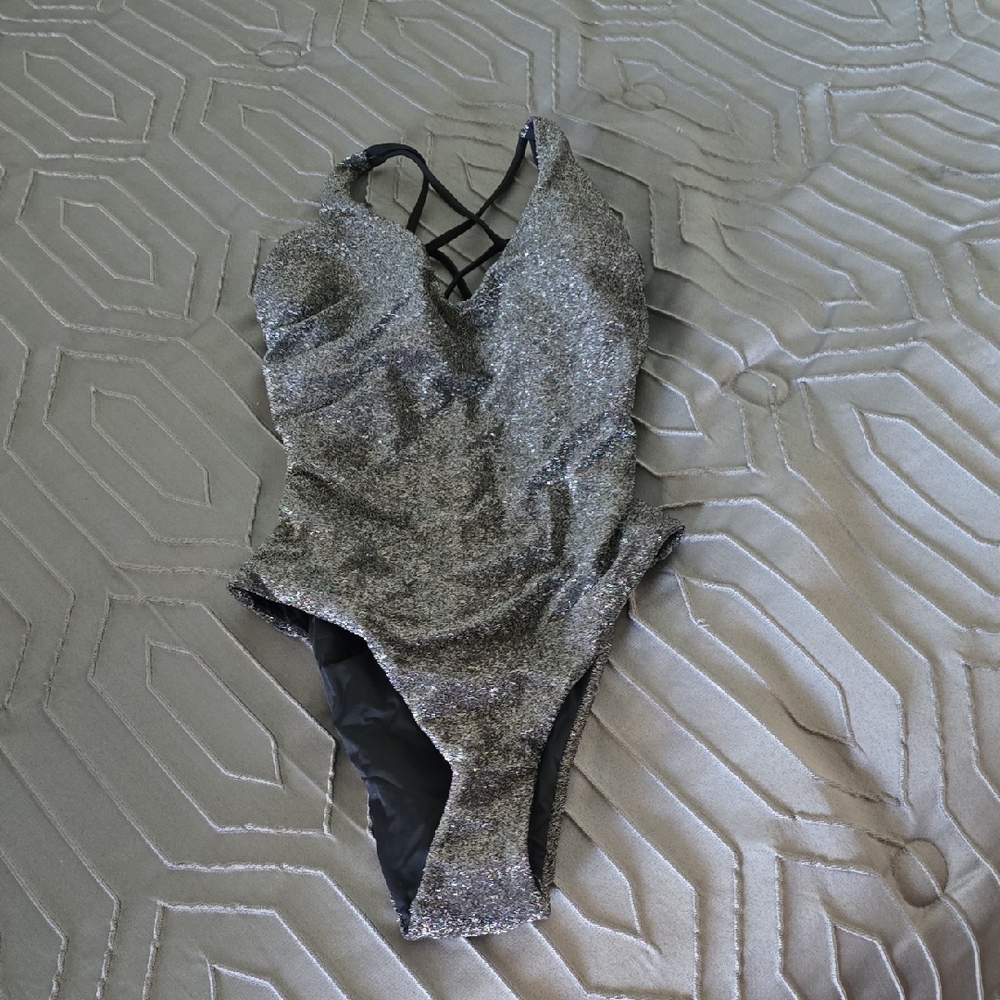 New! Berlook Silver Black Glitter One-Piece Swimsuit or Bodysuit Layering Piece